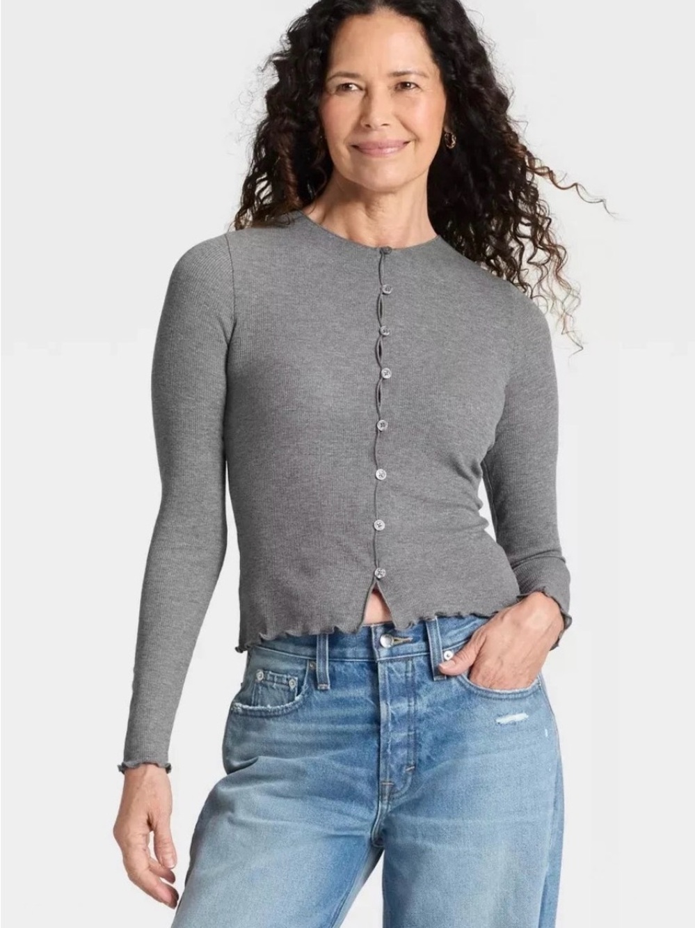 Universal Thread Gray Ribbed Slim Button-Front Top small nwot
